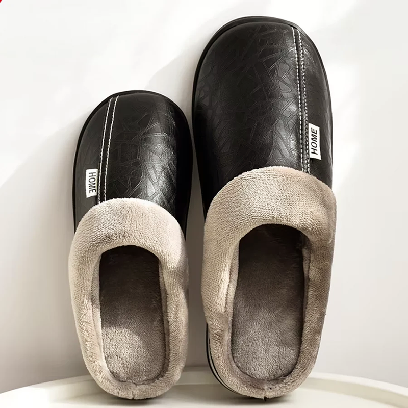 Men’s Faux Leather Indoor Slippers with Fleece Lining