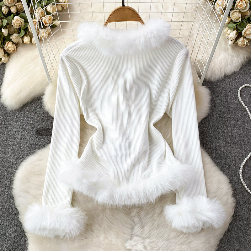 Women’s Elegant Ribbed Top with Fur Accents