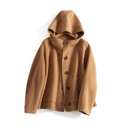 Button-Front Short Wool Coat with Hood for Women