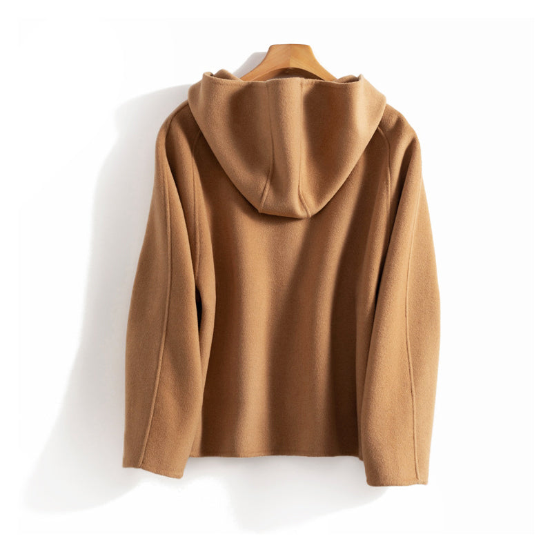 Button-Front Short Wool Coat with Hood for Women