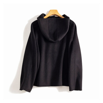 Button-Front Short Wool Coat with Hood for Women