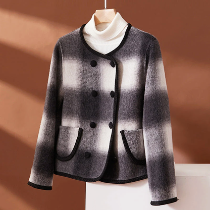 Checked Wool Short Coat for Women with Front Pockets