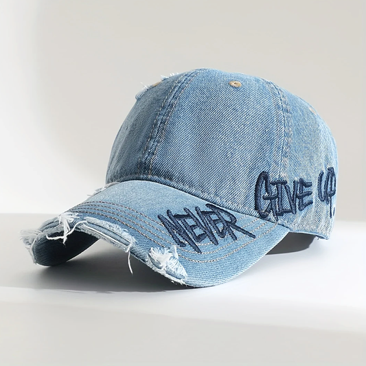 Distressed Denim Cap with “Never Give Up” Stitching