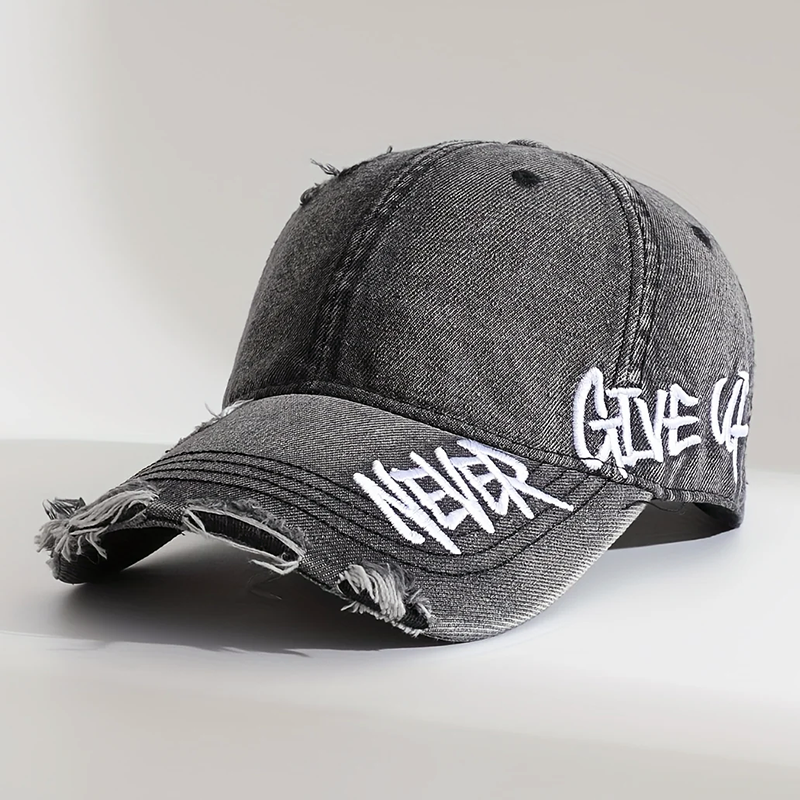 Distressed Denim Cap with “Never Give Up” Stitching
