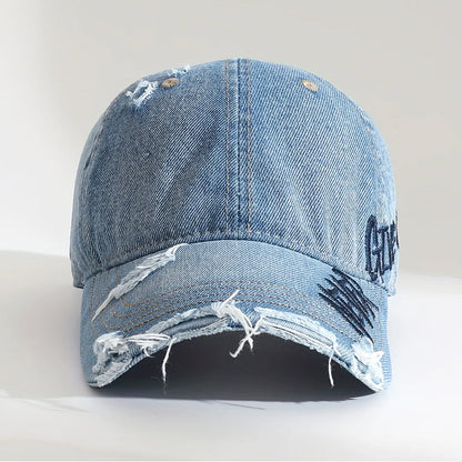 Distressed Denim Cap with “Never Give Up” Stitching
