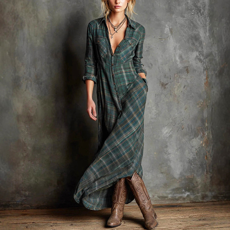Malin Tassou Plaid Maxi Dress with Button Front – Avxnue