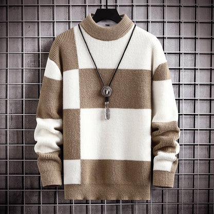 Men’s Checkered Pattern Sweater with Mock Neck Collar