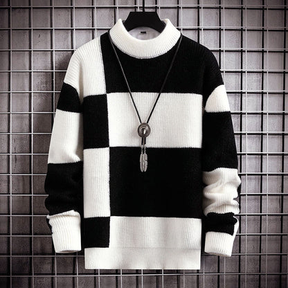 Men’s Checkered Pattern Sweater with Mock Neck Collar