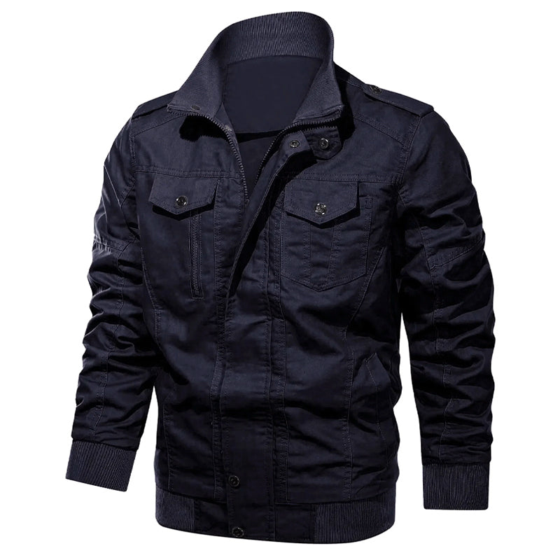 Men’s Cotton Military-Style Bomber Jacket with Zipper Closure