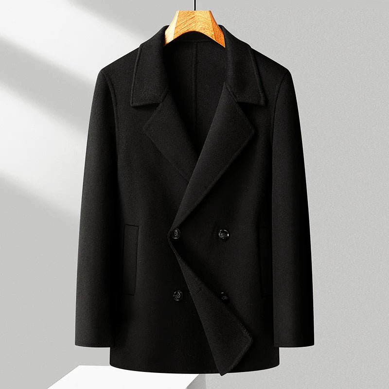 Men’s Double-Breasted Wool Blend Coat with Notched Lapel