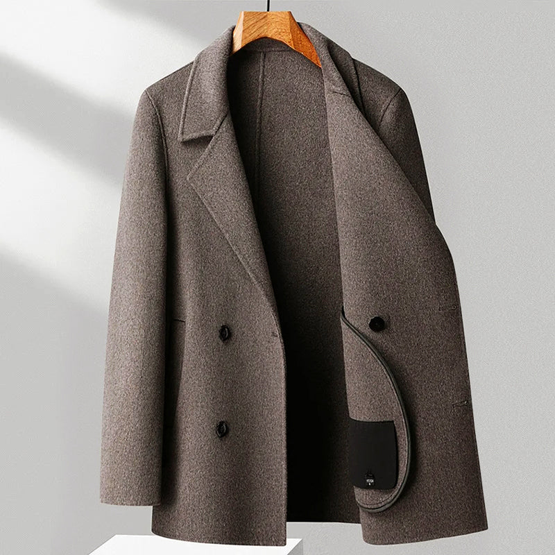 Men’s Double-Breasted Wool Blend Coat with Notched Lapel