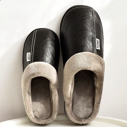 Men’s Faux Leather Indoor Slippers with Fleece Lining