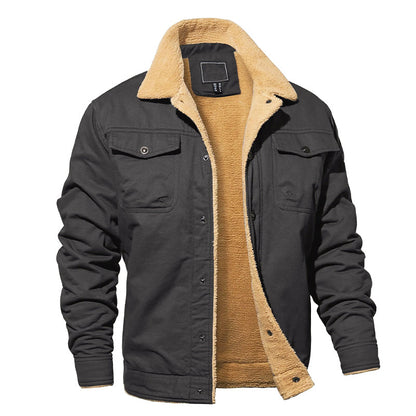 Men’s Fleece-Lined Cotton Cargo Jacket with Button-Up Closure