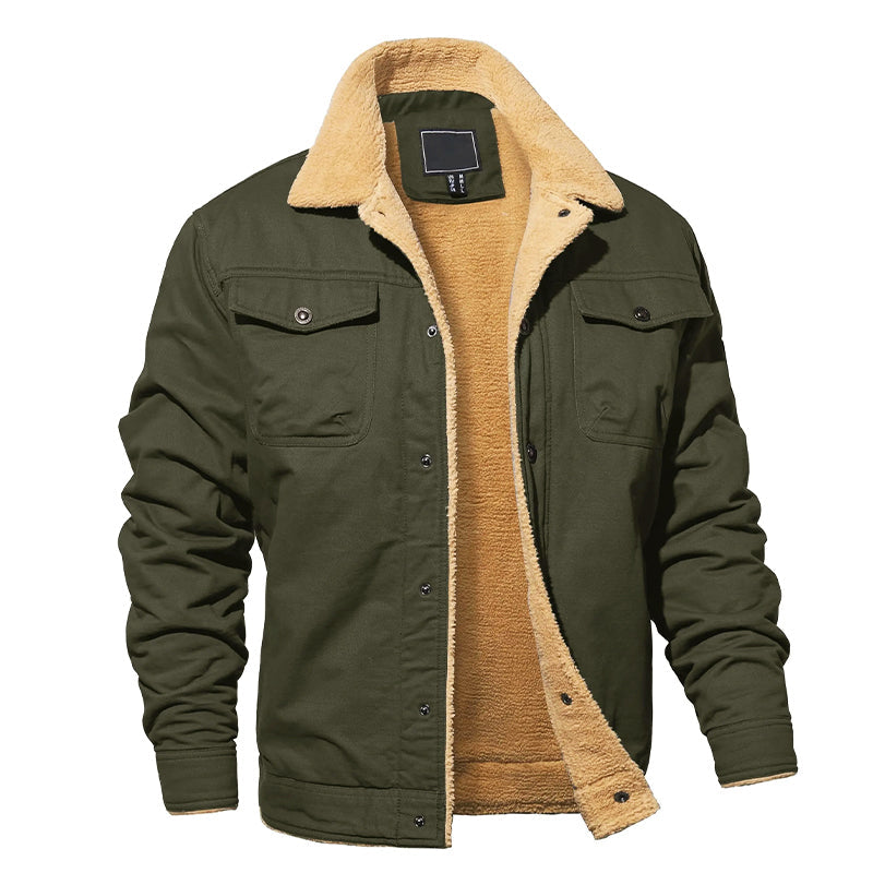 Men’s Fleece-Lined Cotton Cargo Jacket with Button-Up Closure
