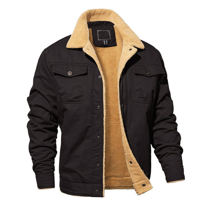 Men’s Fleece-Lined Cotton Cargo Jacket with Button-Up Closure