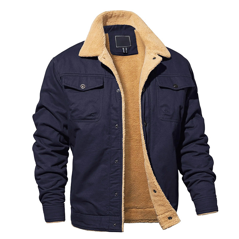Men’s Fleece-Lined Cotton Cargo Jacket with Button-Up Closure