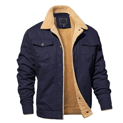 Men’s Fleece-Lined Cotton Cargo Jacket with Button-Up Closure