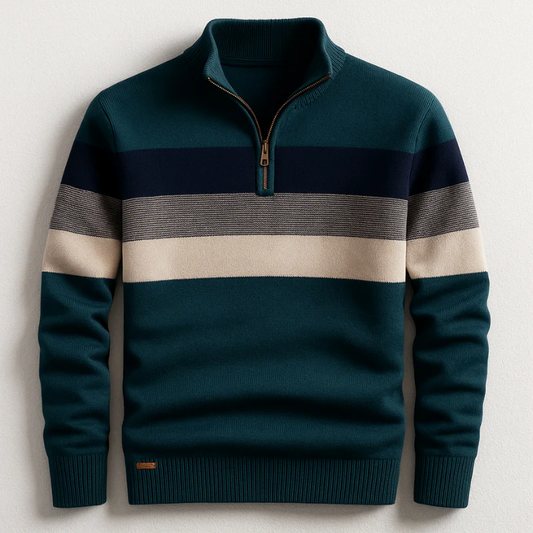 Men’s Half-Zip Knit Sweater with Stripes Detail