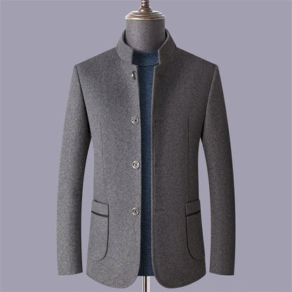 Men’s Mid-Length Wool-Blend Coat with Stand Collar
