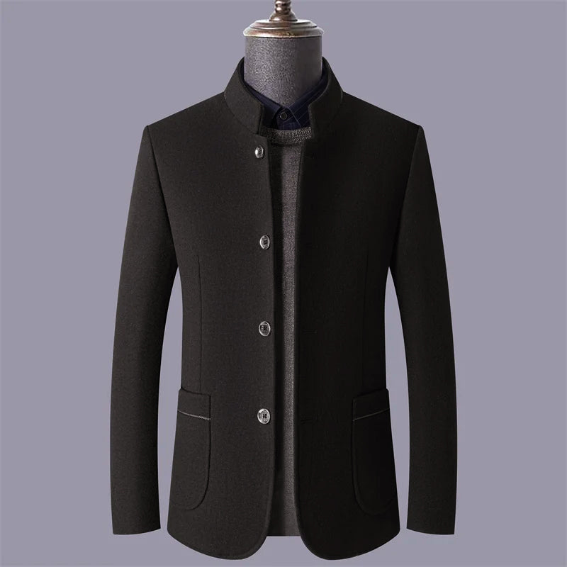 Men’s Mid-Length Wool-Blend Coat with Stand Collar