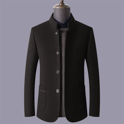 Men’s Mid-Length Wool-Blend Coat with Stand Collar