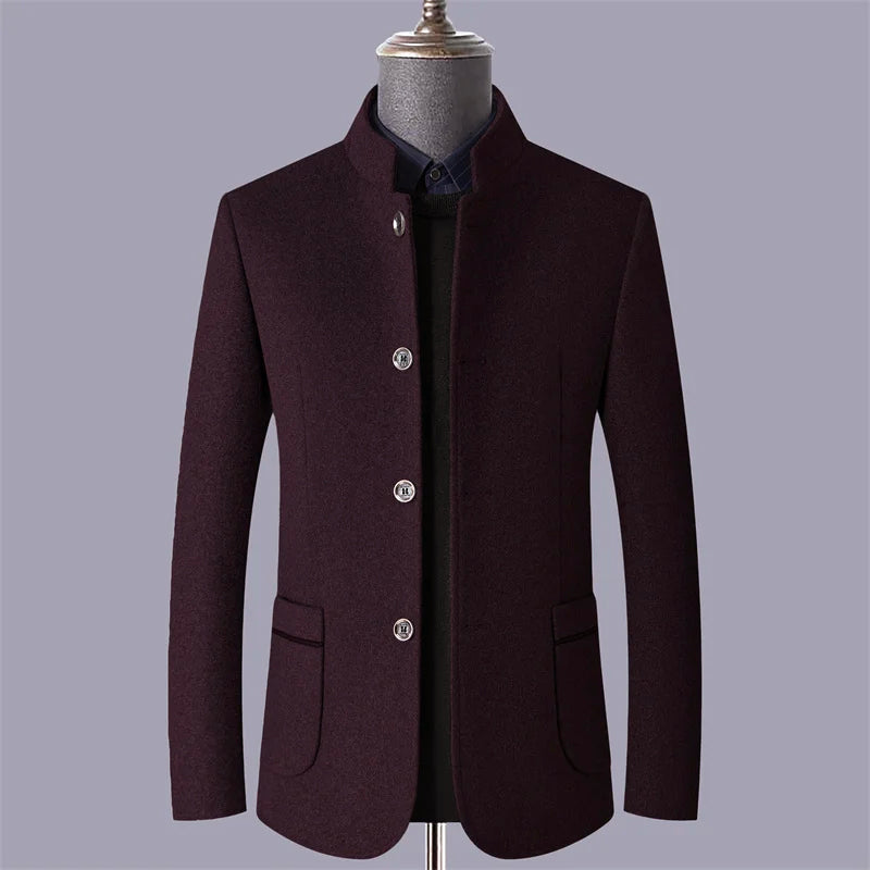 Men’s Mid-Length Wool-Blend Coat with Stand Collar
