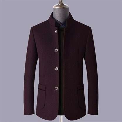 Men’s Mid-Length Wool-Blend Coat with Stand Collar