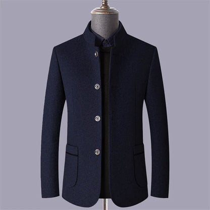 Men’s Mid-Length Wool-Blend Coat with Stand Collar