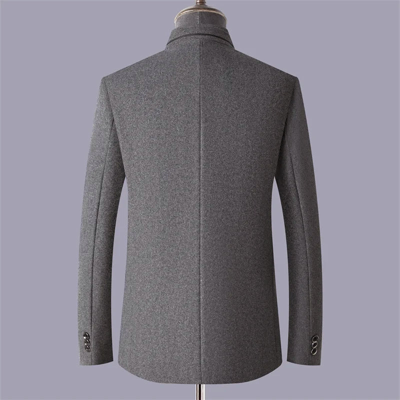 Men’s Mid-Length Wool-Blend Coat with Stand Collar