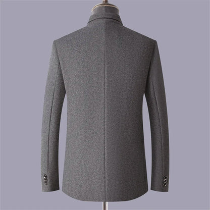 Men’s Mid-Length Wool-Blend Coat with Stand Collar