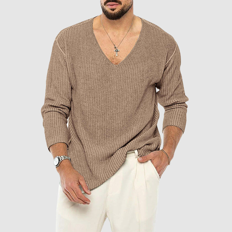 Men’s Ribbed V-Neck Knit Sweater with Relaxed Fit