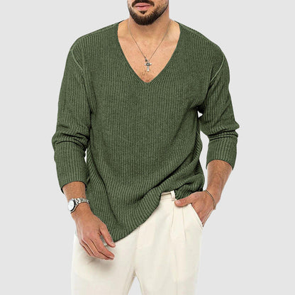 Men’s Ribbed V-Neck Knit Sweater with Relaxed Fit