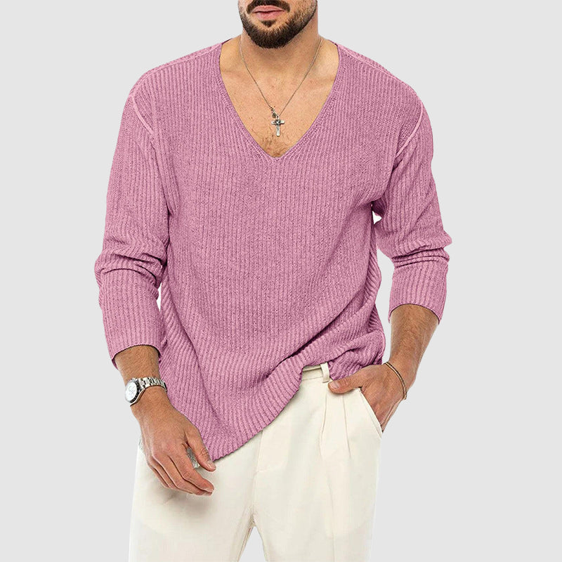Men’s Ribbed V-Neck Knit Sweater with Relaxed Fit