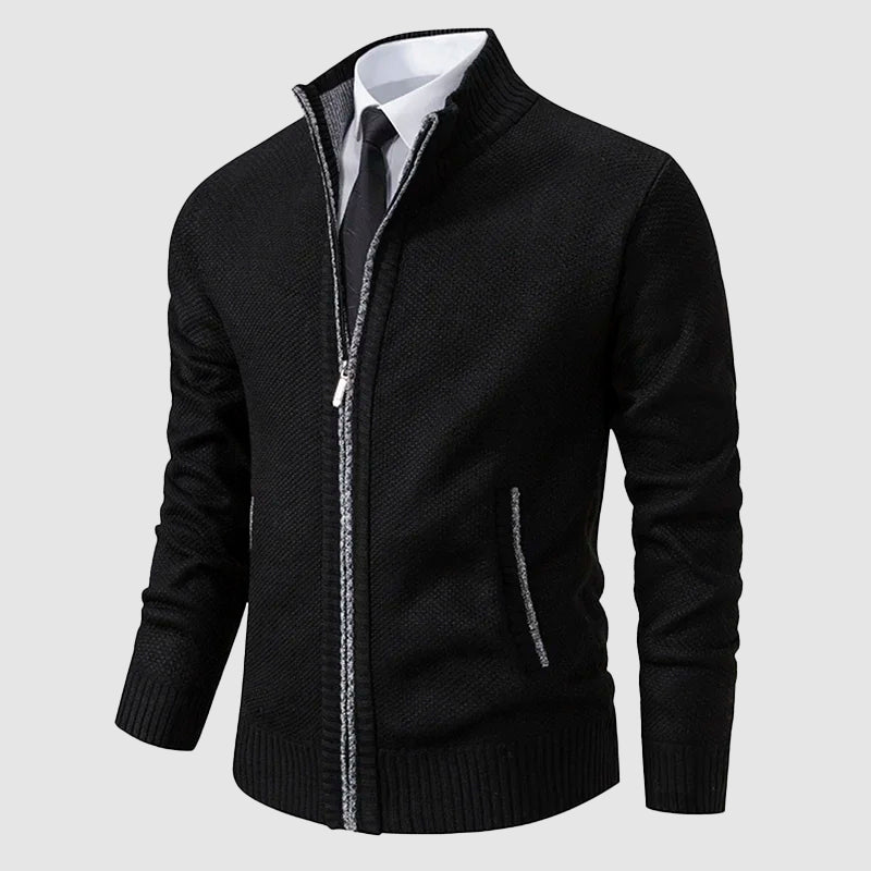 Men’s Full-Zip Knit Cardigan with Stand Collar and Pockets
