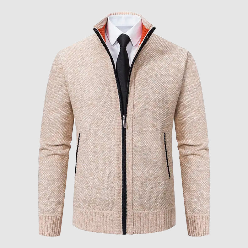 Men’s Full-Zip Knit Cardigan with Stand Collar and Pockets