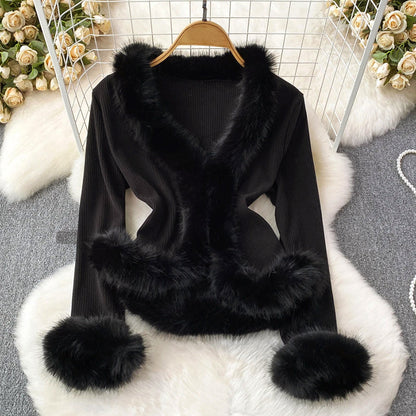 Women’s Elegant Ribbed Top with Fur Accents