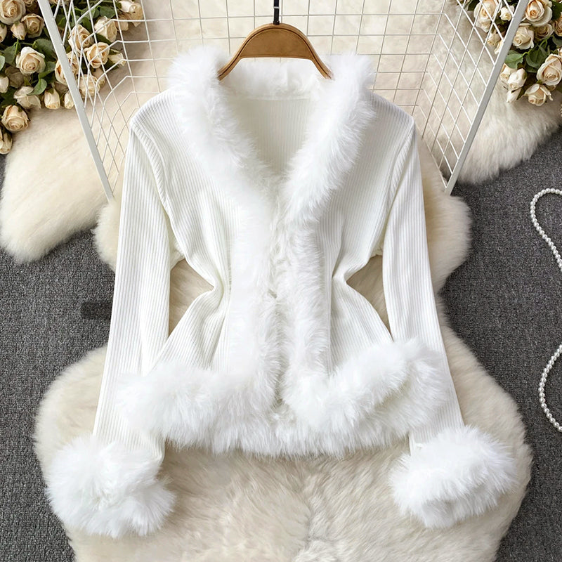 Women’s Elegant Ribbed Top with Fur Accents