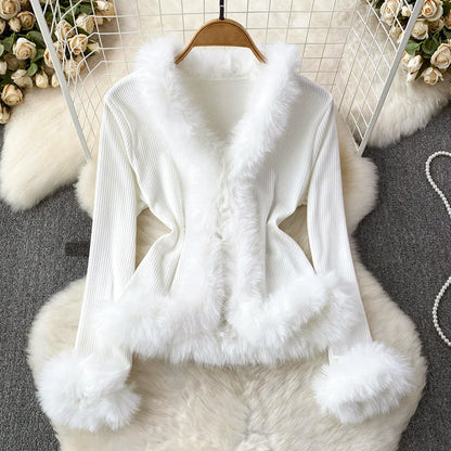 Women’s Elegant Ribbed Top with Fur Accents