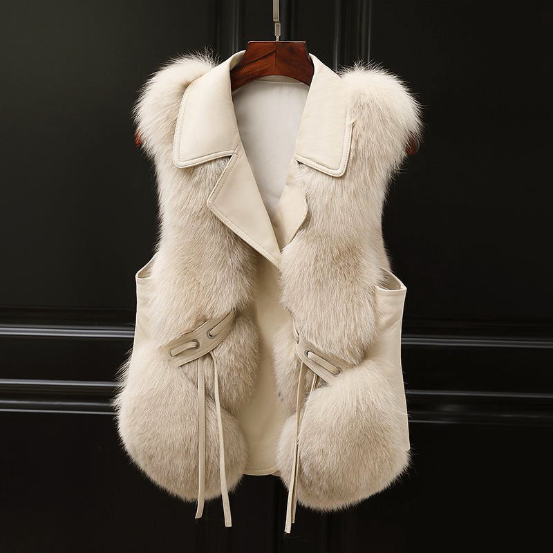 Women’s Faux Fur Vest with Belted Front and Lapel Collar