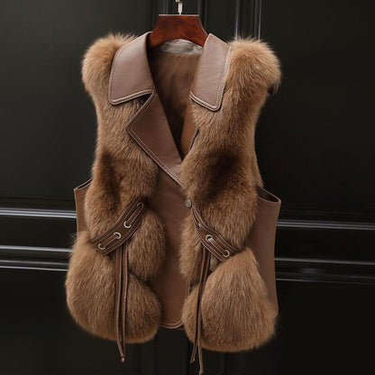 Women’s Faux Fur Vest with Belted Front and Lapel Collar