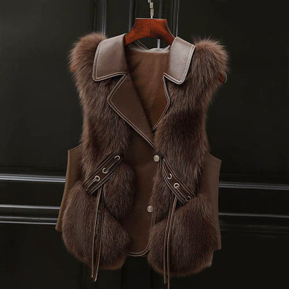Women’s Faux Fur Vest with Belted Front and Lapel Collar