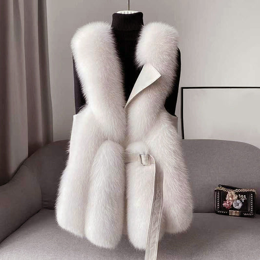 Women’s Faux Fur Vest with Leather Belt Closure