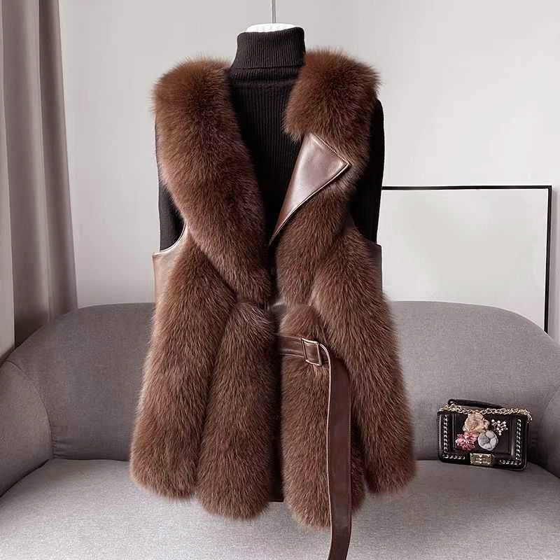 Women’s Faux Fur Vest with Leather Belt Closure