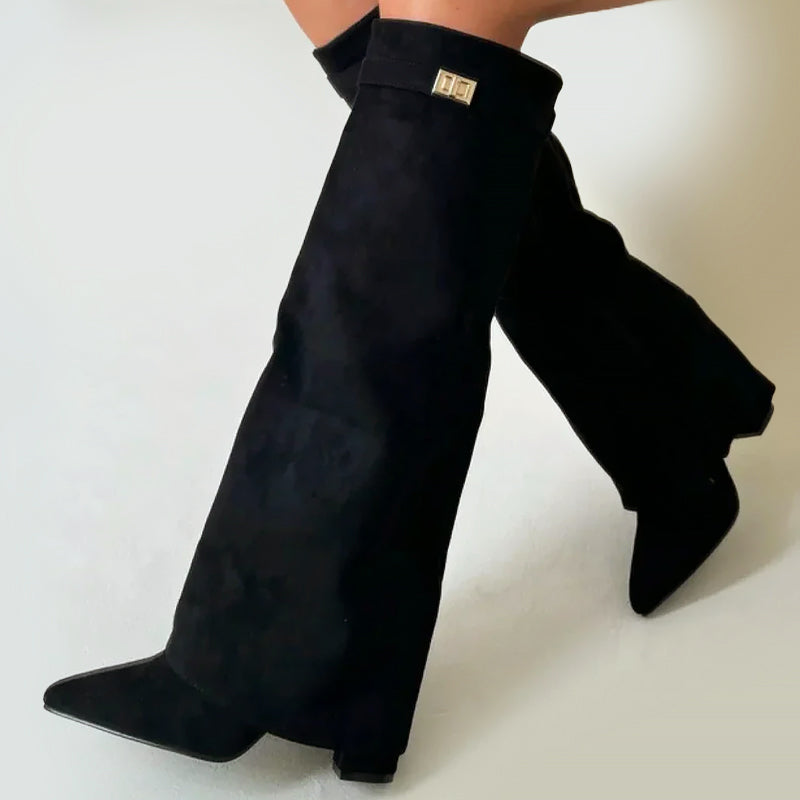 Women’s Faux Suede Knee Boots with Fold-Over Cuff