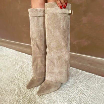 Women’s Faux Suede Knee Boots with Fold-Over Cuff
