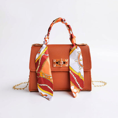 Women's Flap Bag with Scarf Handle and Golden Chain Strap