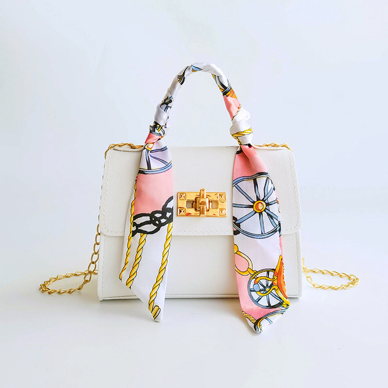 Women's Flap Bag with Scarf Handle and Golden Chain Strap