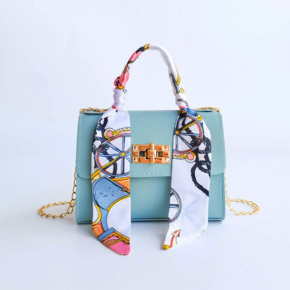 Women's Flap Bag with Scarf Handle and Golden Chain Strap