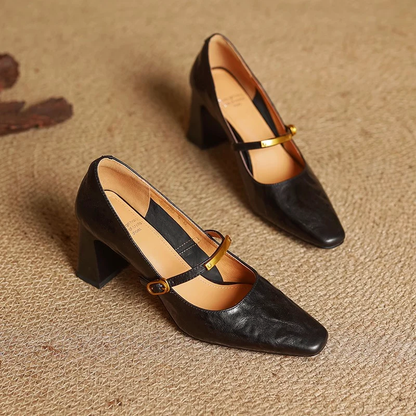 Women’s Genuine Leather Pointed Shoes with Block Heel and Strap