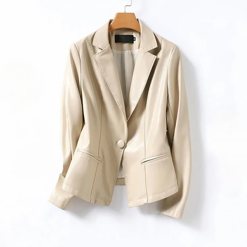 Women’s Genuine Leather Single-Breasted Blazer Jacket
